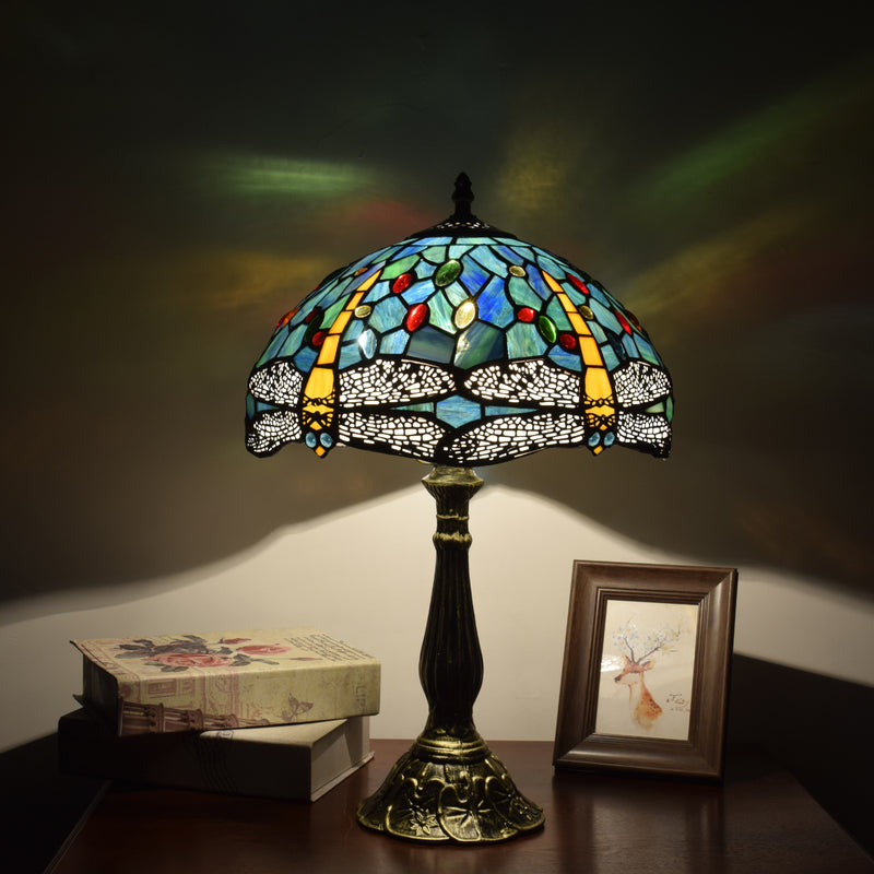 Traditional Tiffany Aluminum Alloy Glass Dome Dragonfly 1-Light Table Lamp For Bedroom