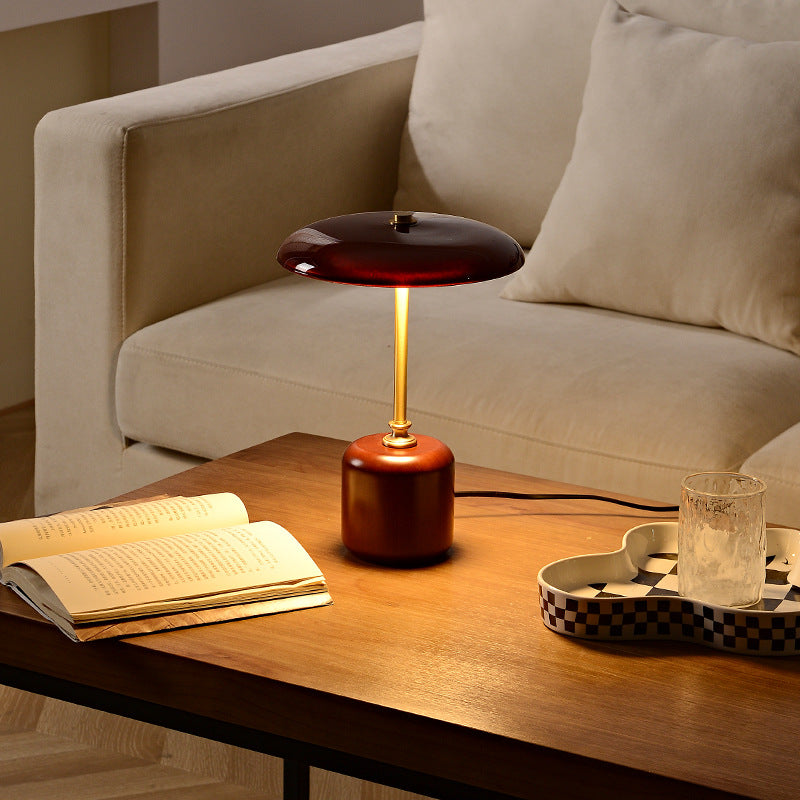 Contemporary Retro Brass Wood Glass Round Cylinder LED Table Lamp For Bedside