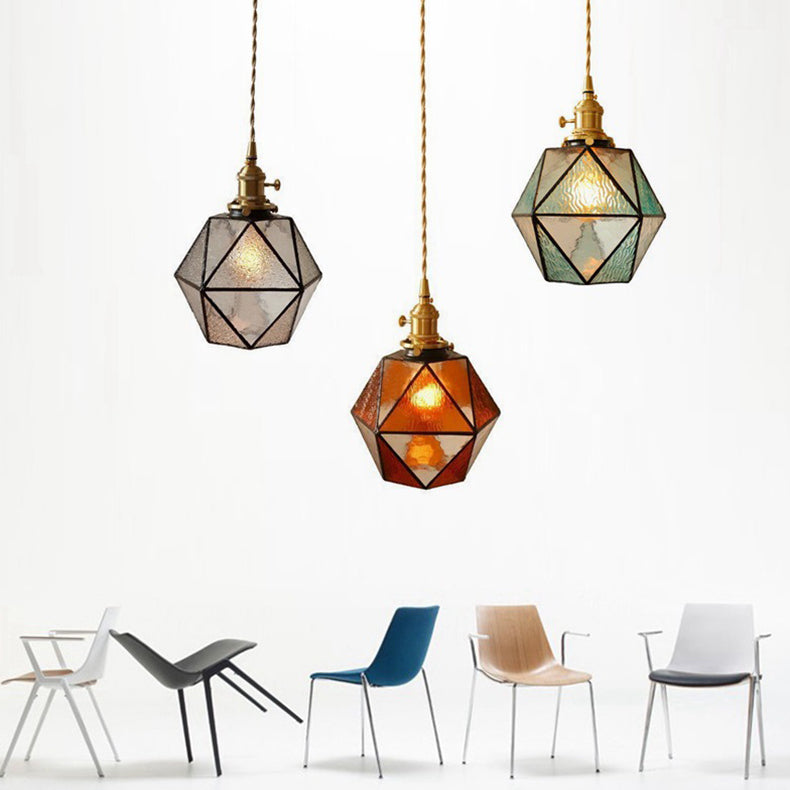 Traditional Tiffany Iron Brass Glass Polygonal Diamond 1-Light Pendant Light For Dining Room