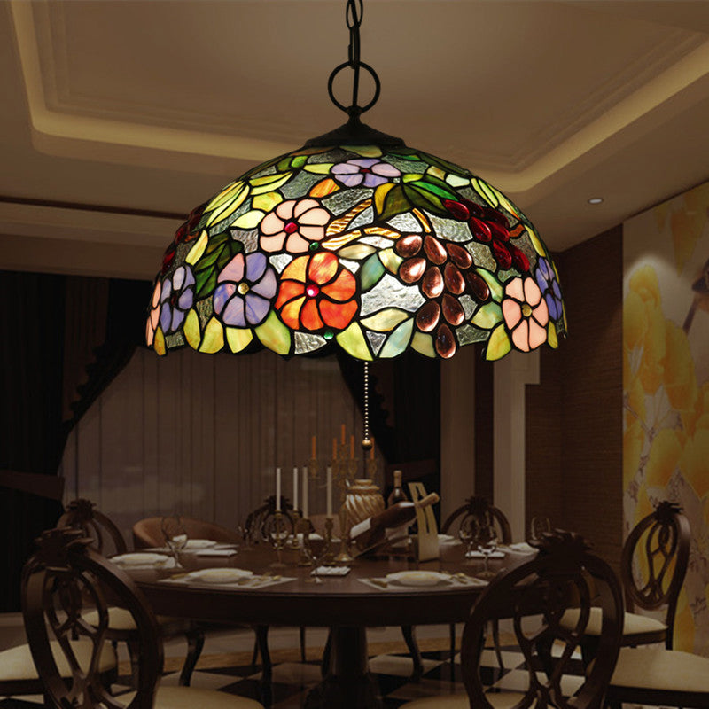 Traditional Tiffany Half Round Grape Flowers Iron And Glass 3-Light Pendant Light For Bedroom