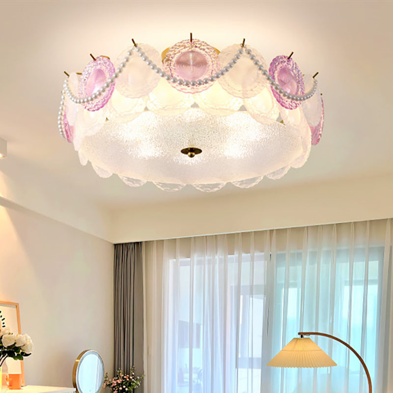 Traditional French Shell Textured Glass Round Shade Pearl Decor 5/8-Light Semi-Flush Mount Ceiling Light For Living Room