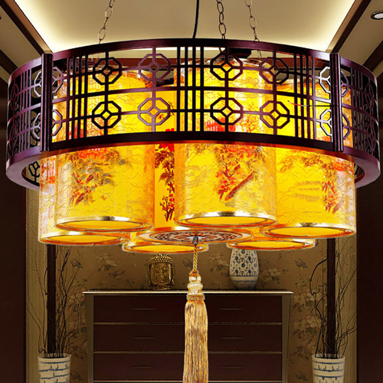 Traditional Chinese Iron Wood PVC Round Cylinder Printed 7/9/11 Light Chandeliers For Dining Room