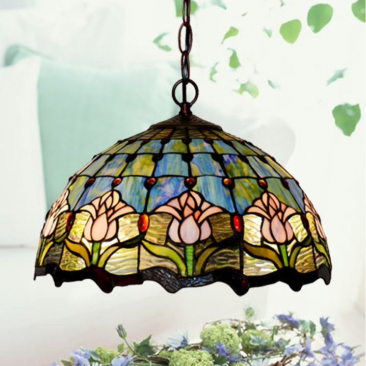 Traditional Tiffany Pastoral Tulip Stained Glass Dome 2-Light Chandelier For Dining Room