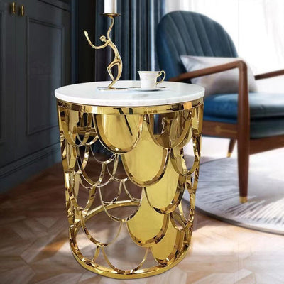 Modern Luxury Round Cylinder Scale Shape Marble Titanium Coffee Table For Living Room