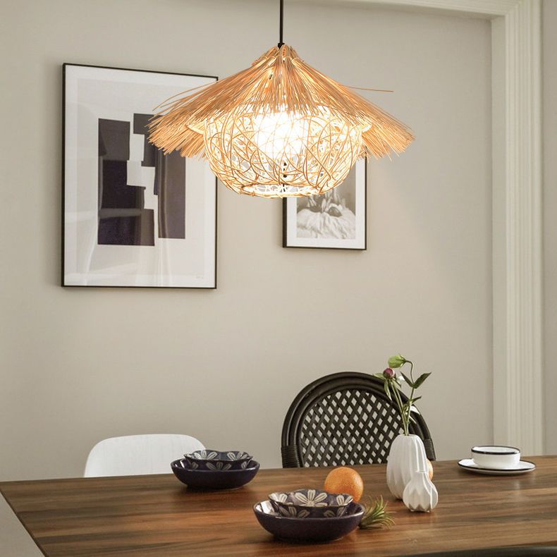 Traditional Rustic Rattan Weaving Straw Hat 1-Light Pendant Light For Dining Room