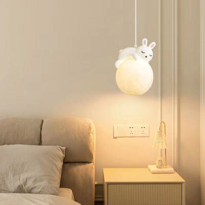 Contemporary Creative PE Spherical Shade Resin Animal Rabbit Bear Design 1-Light Pendant Light For Living Room