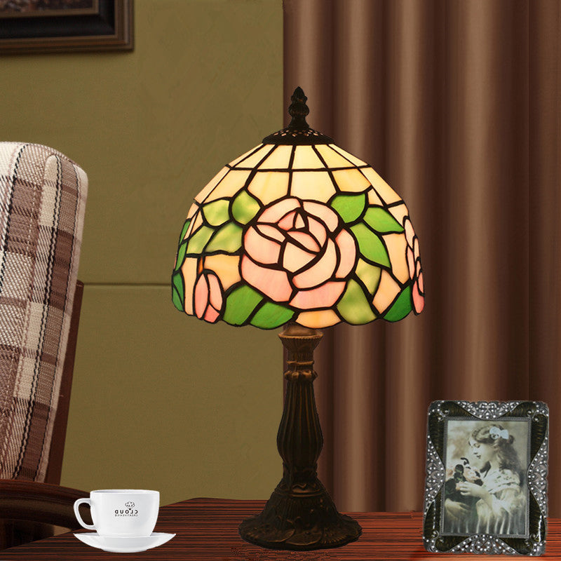 Traditional Tiffany Rose Flower Stained Glass Shade Zinc Alloy Base 1-Light Table Lamp For Study