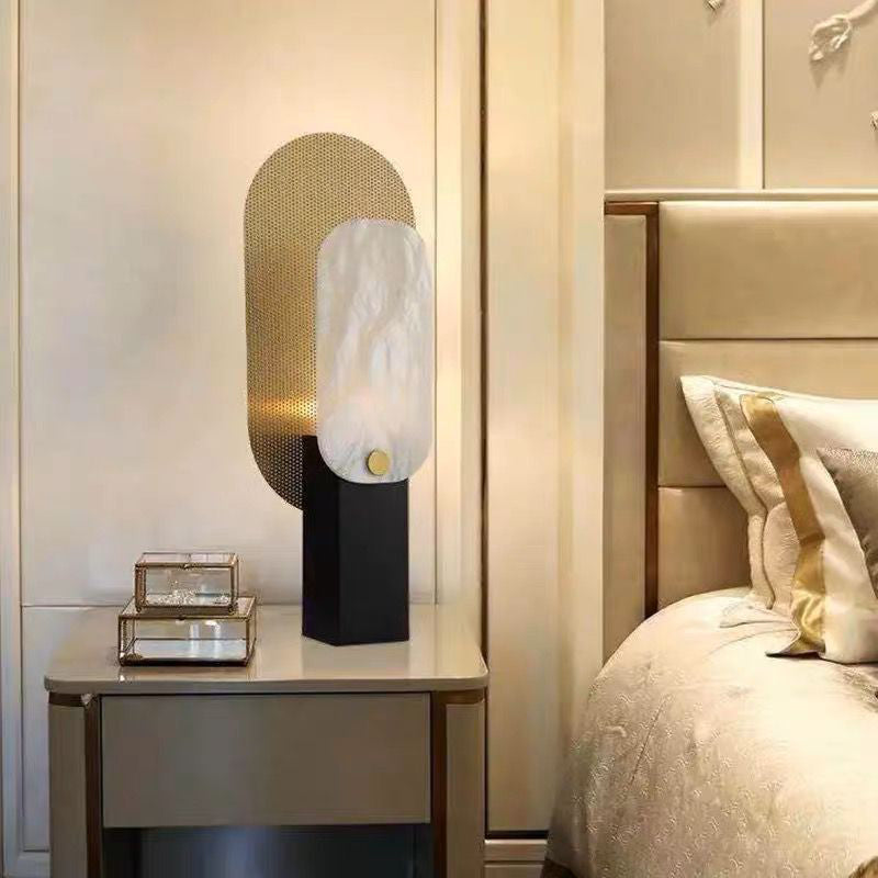 Modern Art Deco Rounded Rectangle Marble Shade Metal 1-Light Table Lamp For Bedroom