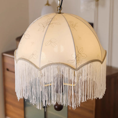 Traditional French Round Tassel Iron Wood Fabric 3-Light Pendant Light For Living Room