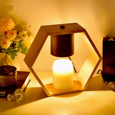 Lampe de table à 1 lumière hexagonale minimaliste moderne en métal et bois pour aromathérapie 