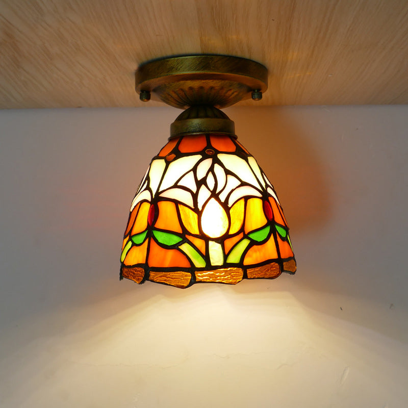 Traditional Tiffany Tulip Stained Glass Iron Dome 1-light Semi-Flush Mount Ceiling Light For Living Room