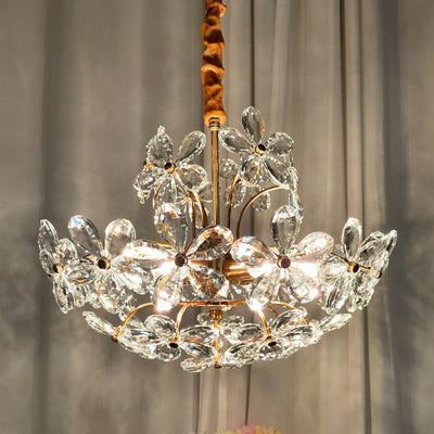 Traditional French Copper Iron Crystal Flower Hemispheric 6/8 Light Chandeliers For Bedroom