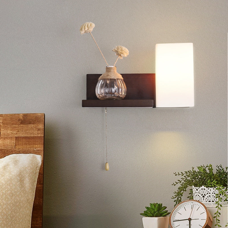 Modern Minimalist Rectangular Square Shelf Wood Glass 1-Light Wall Sconce Lamp For Bedroom