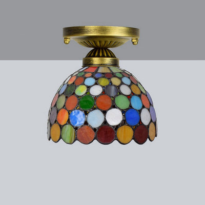 Traditional Tiffany Round Polka Dot Tapered Iron Stained Glass 1-Light Semi-Flush Mount Ceiling Light For Living Room