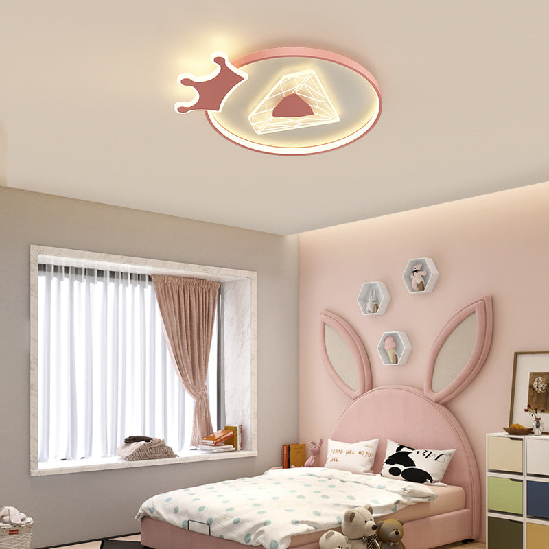 Modern Art Deco Crown Diamond Round Acrylic Iron LED Flush Mount Ceiling Light For Bedroom