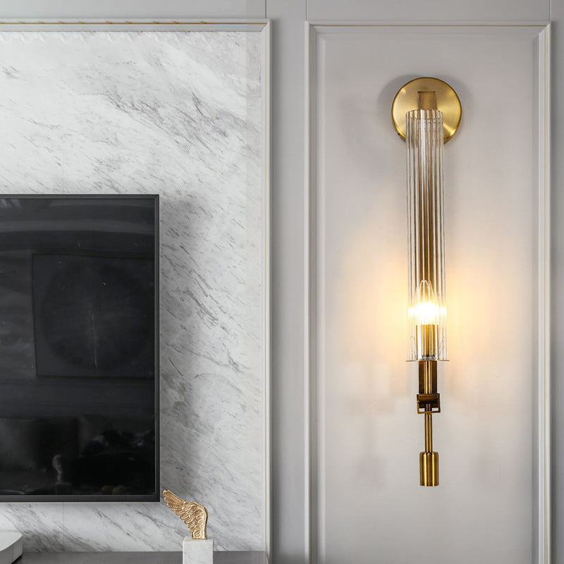 Contemporary Simplicity Hardware Ribbed Glass Column 1-Light Wall Sconce Lamp For Living Room