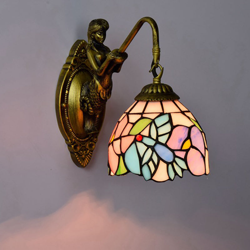 Traditional Tiffany Stained Glass Floral Shade Mermaid Hardware Lamp Arm 1-Light Wall Sconce Lamp For Living Room