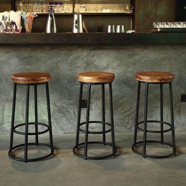 Contemporary Industrial Round Solid Wood Iron Frame Bar Stool Backless Footrest For Dining Room