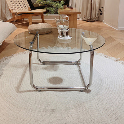 Modern Minimalist Round Glass Steel Tube Base Coffee Table For Living Room