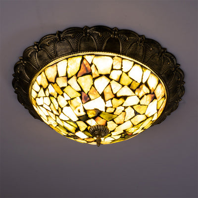 Traditional Rustic Round Dome Iron Stained Glass LED Flush Mount Ceiling Light For Living Room