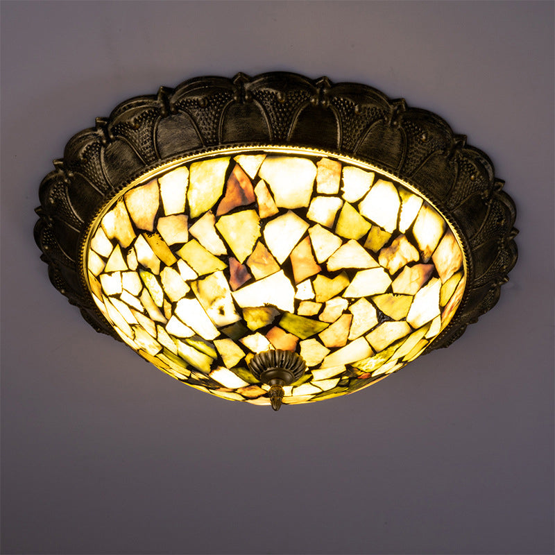 Traditional Rustic Round Dome Iron Stained Glass LED Flush Mount Ceiling Light For Living Room