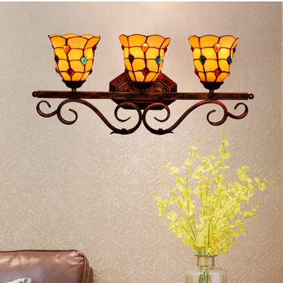 Traditional Tiffany Stained Glass Cup Shade Iron 3-Light Vanity Mirror Front Wall Sconce Lamp For Bedroom