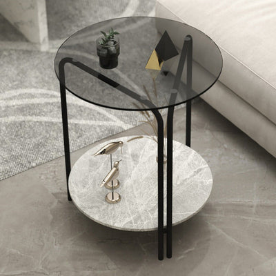 Contemporary Simplicity Round Glass Top End Table 2-Tier For Living Room