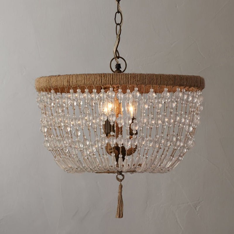 Traditional Rustic Round Hemp Rope Weaving Crystal 3-Light Chandelier For Living Room