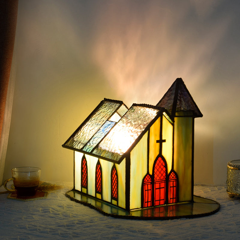 Traditional Tiffany Glass House Chapel 1-Light Table Lamp Night Light For Bedside