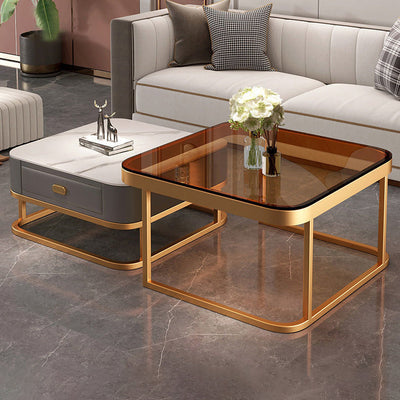 Modern Luxury Square Glass Top Nesting Coffee Table Drawer For Living Room