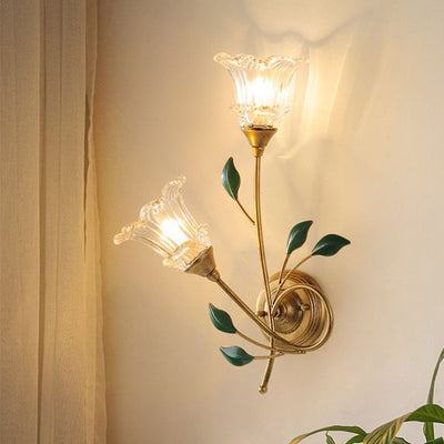 Traditional European Iron Crystal Glass Flower Leave 2-Light Wall Sconce Lamp For Living Room