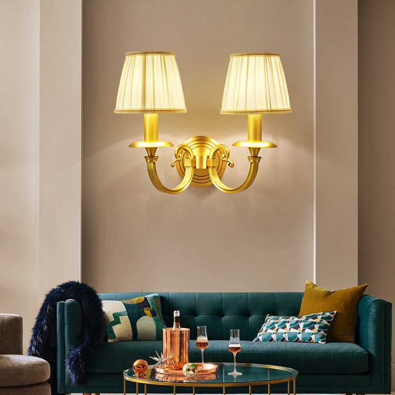 Modern Luxury Full Copper Frame Pleated Fabric Shade 1/2-Light Wall Sconce Lamp For Living Room