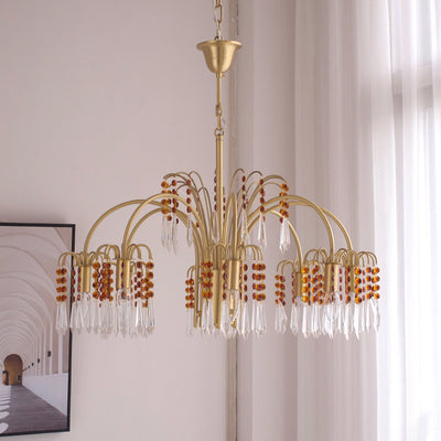 Traditional French Hanging Bead Chain Copper Crystal 3/6/8 Light Chandeliers For Livnig Room