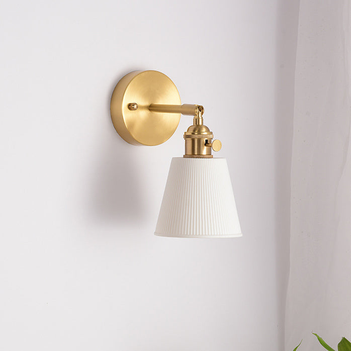 Contemporary Scandinavian Trapezoidal Cup Stripe Ceramic Brass 1-Light Wall Sconce Lamp For Living Room