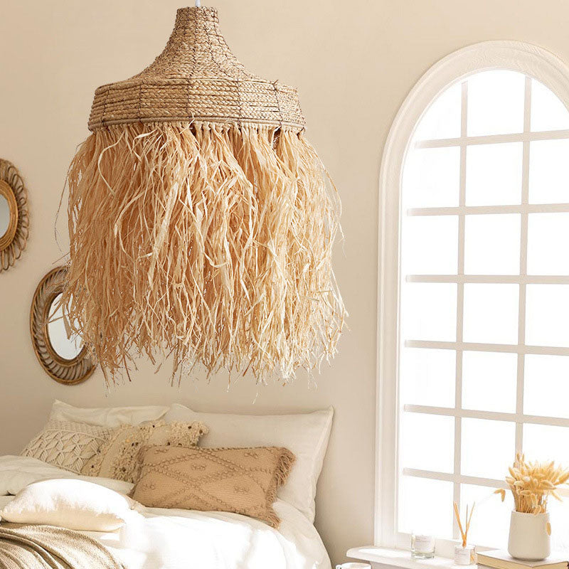 Contemporary Boho Straw Hat Tassel 1-Light Pendant Light For Dining Room