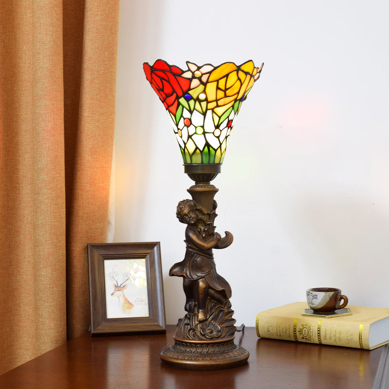 Traditional European Resin Glass Torch Rose Boy 1-Light Table Lamp For Bedroom