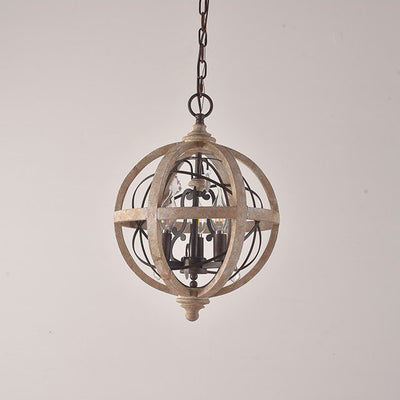 Traditional Rustic Weathered Wooden Sphere Crystal Decor 4/5-Light Chandelier For Living Room