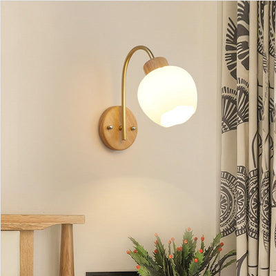 Contemporary Creative Bell Orchid Flower Pleated Glass Shade Wood 1-Light Wall Sconce Lamp For Living Room