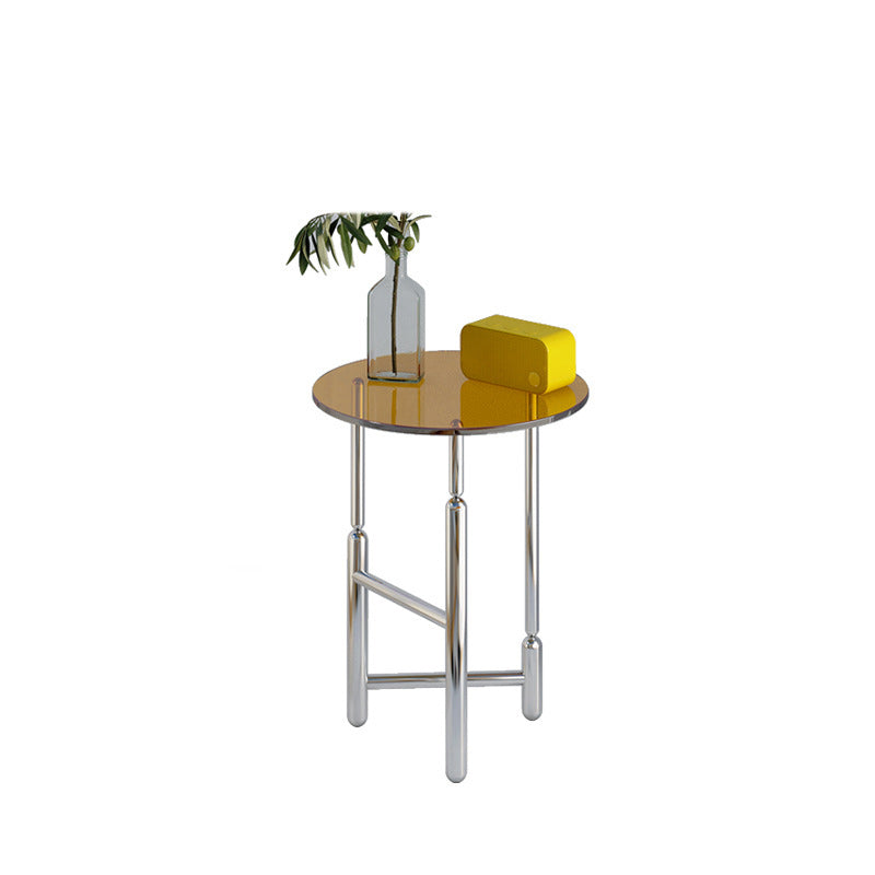 Modern Minimalist Cylinder Round Glass Iron End Table 1-Tier For Living Room