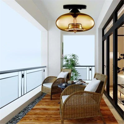 Contemporary Creative Flat Oval Iron Glass 1-Light Semi-Flush Mount Ceiling Light For Living Room