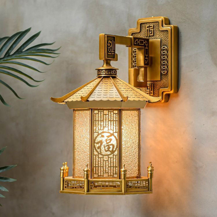 Traditional Chinese Waterproof Brass Stainless Steel Glass House Cylinder Conic 1-Light Wall Sconce Lamp For Outdoor Patio