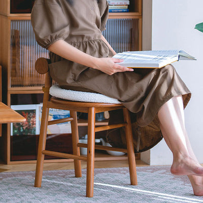 Tabouret de coiffeuse rond en bois et laine d'agneau de simplicité moderne avec dossier et repose-pieds pour chambre 