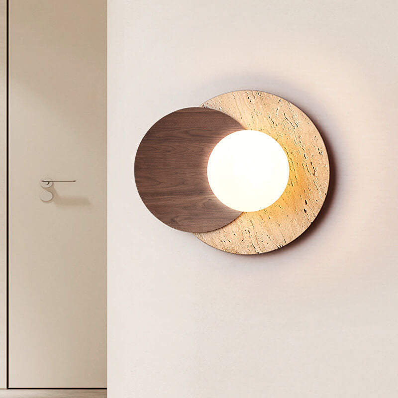 Modern Minimalist Round Wood Stone 1-Light Wall Sconce Lamp