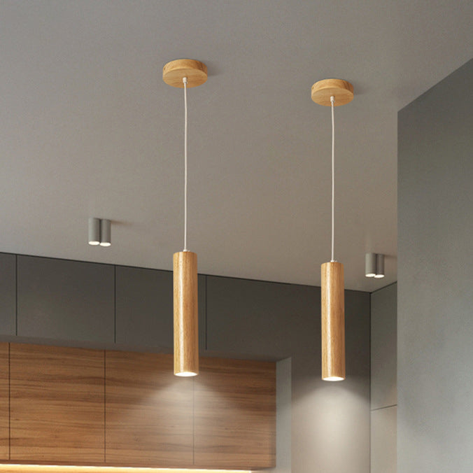 Modern Minimalist Rubberwood Cylinder Spotlight LED Pendant Light For Bedroom