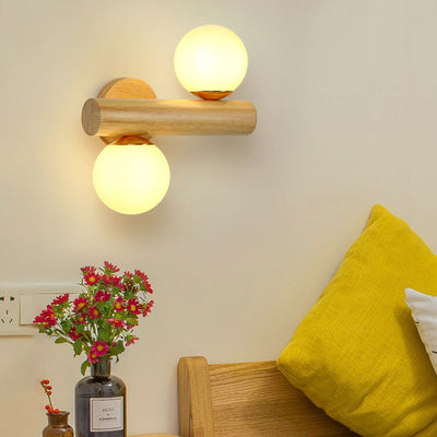 Contemporary Scandinavian Cylinder Orb Rubberwood Glass 2-Light Wall Sconce Lamp For Bedroom