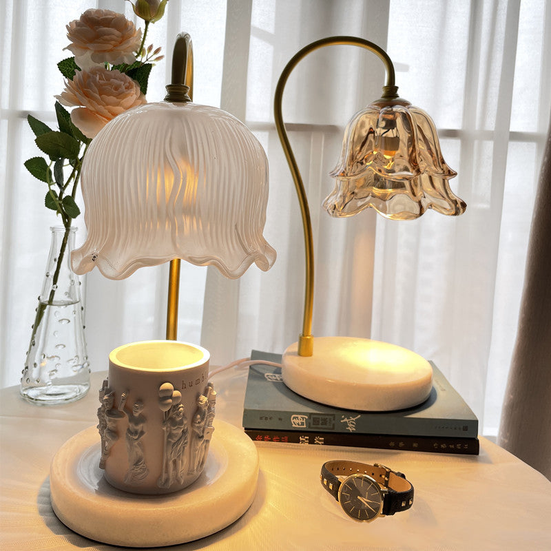 Modern Art Deco Flower Glass Shade Marble Base 1-Light Melting Wax Table Lamp For Bedroom