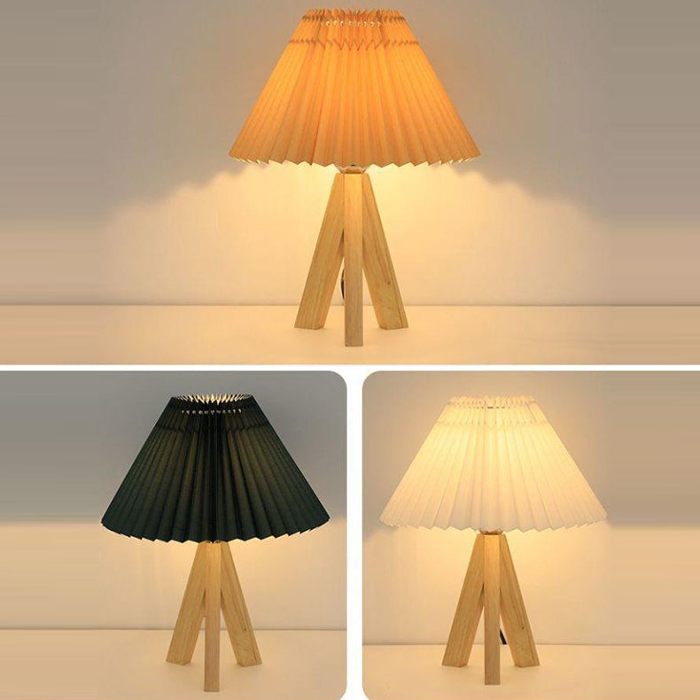 Modern Minimalist Trapezoid Tripod Pleated Fabric Shade Wood 1-Light Table Lamp For Bedroom