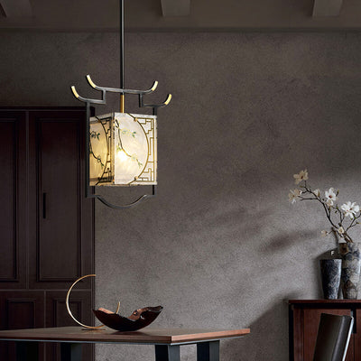 Traditional Chinese Quadrilateral Copper Lucite Enameled 1 Light Pendant Light For Living Room