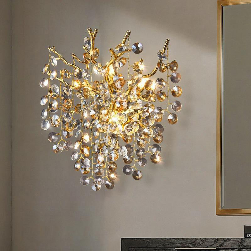 Modern Luxury Aluminum Crystal Branch Bead 2/3 Light Wall Sconce Lamp For Living Room