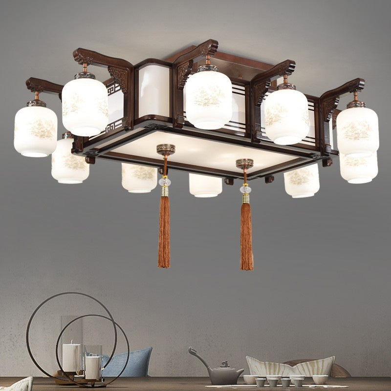 Traditional Chinese Wood Acrylic Glass Round Rectangular Lantern 6/8/10 Light Flush Mount Ceiling Light For Living Room